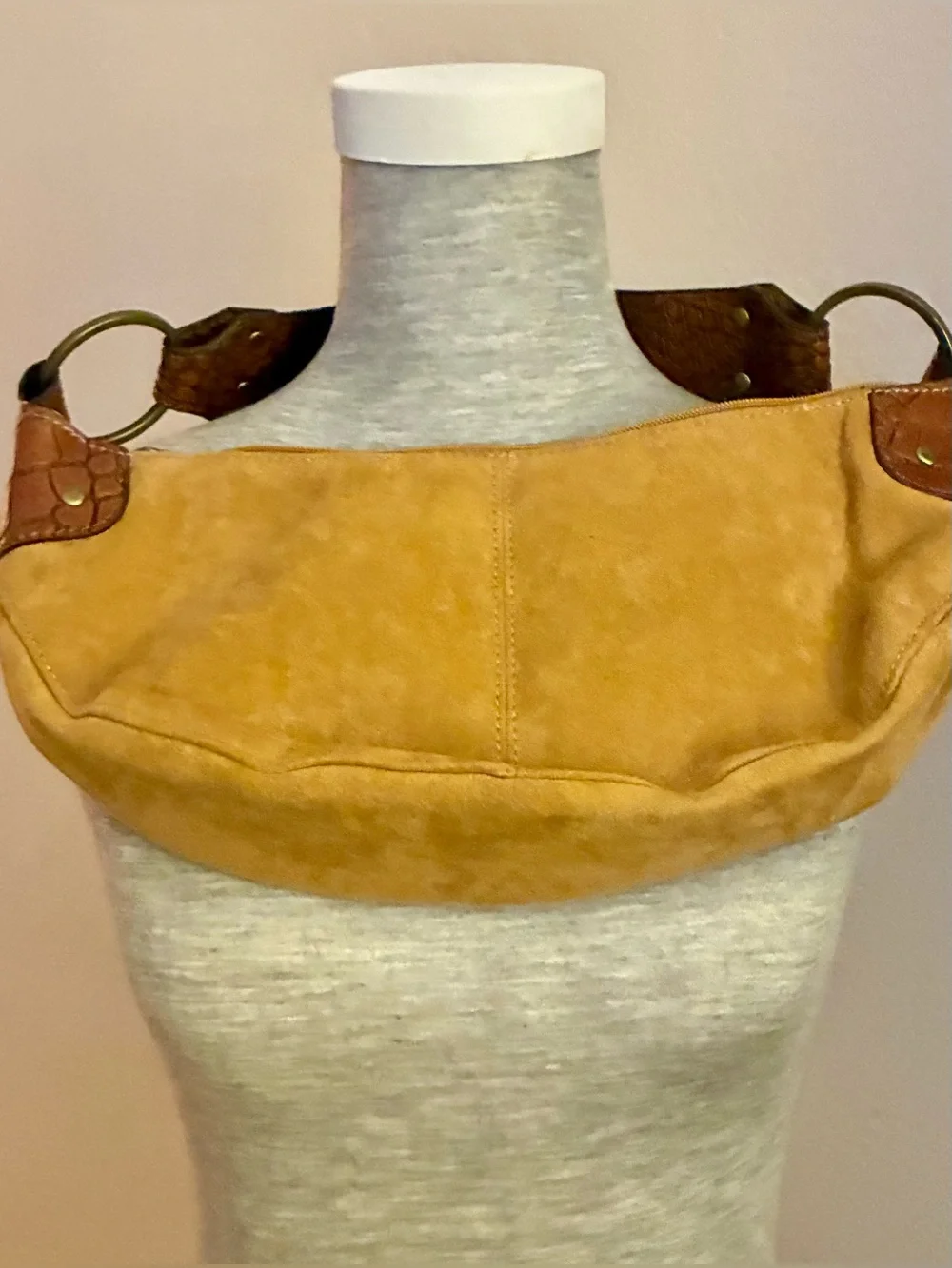 Small Suede Shoulder Bag in Tan with Brown Accents